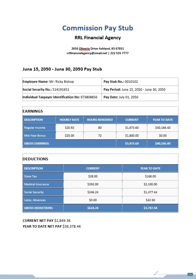 Download Commission Pay Stub Template Photoshop template